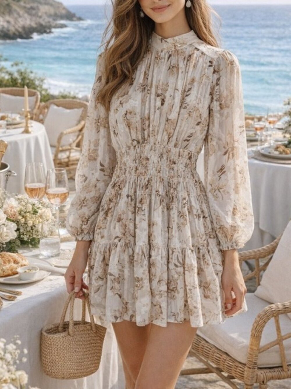 HOUSE of HARLOW 1960 Women’s Smocked Mini Dress Neutral Florals Small